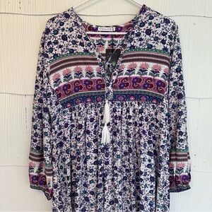 NWT R Vivimos Cotton Rayon Floral Bohemian Flowy Midi Dress Boho Hippie S 4/6